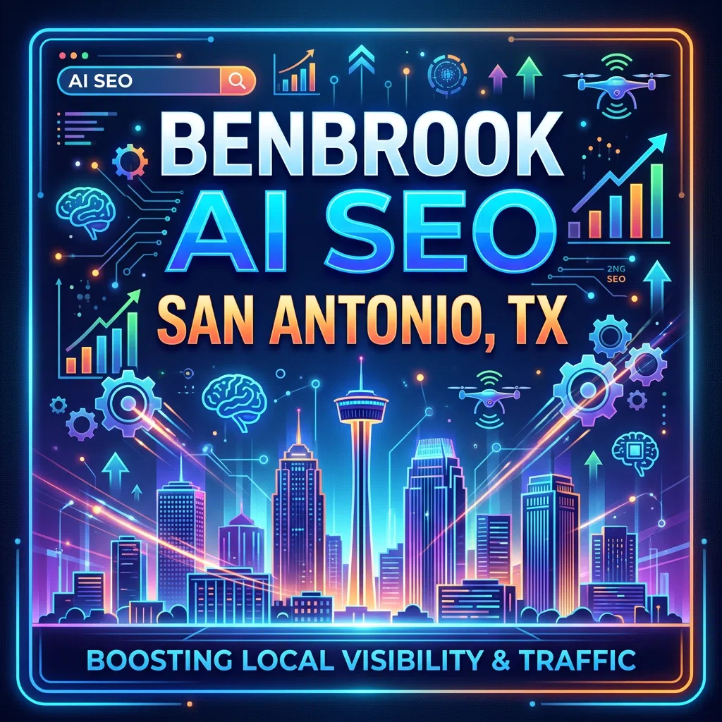 Benbrook AI SEO Expert: Your Guide in San Antonio, TX 1 Text 'Benbrook AI SEO San Antonio, TX' with city skyline and digital growth icons